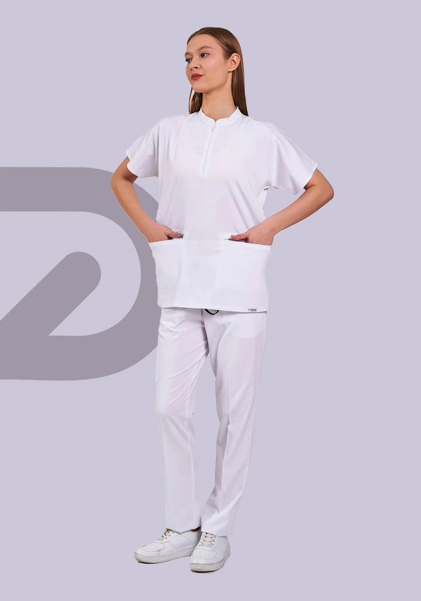 White ProFlex Zipper Scrubs Set